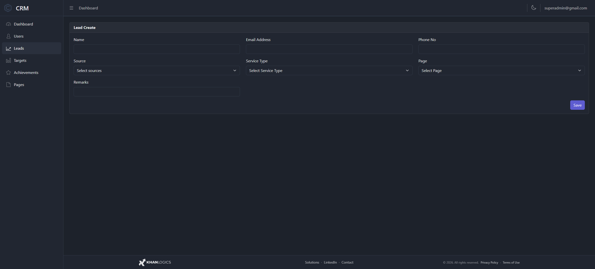 Lead create form — name, email, phone, and dropdowns for Source, Service Type and Page, with remarks