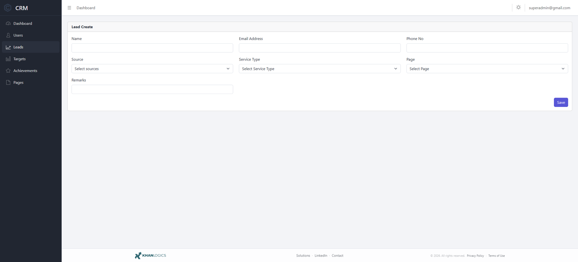 Lead create form — name, email, phone, and dropdowns for Source, Service Type and Page, with remarks