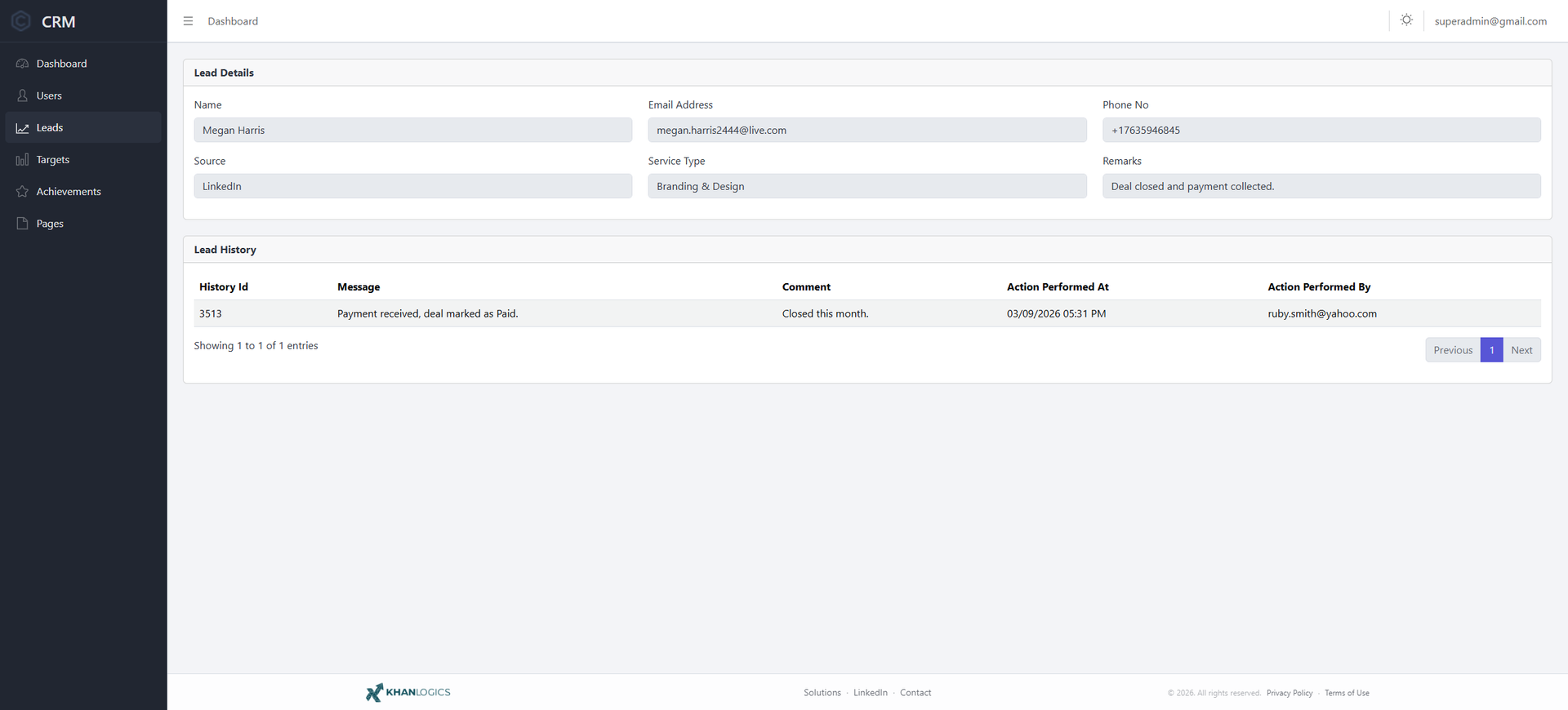 Lead detail — name, email, phone, source, service type and remarks above a Lead History table listing the message, comment, time and user for each action taken on the lead