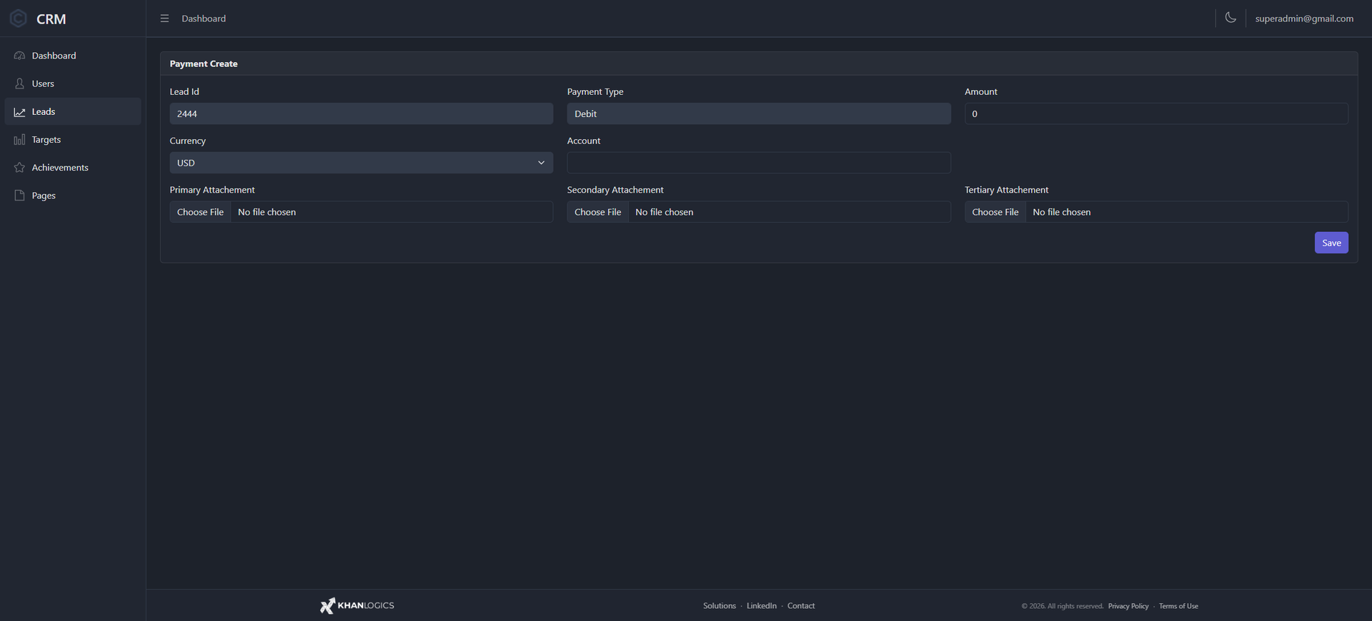 Payment create form — lead id, payment type, amount, currency selector, account, and three attachment upload fields