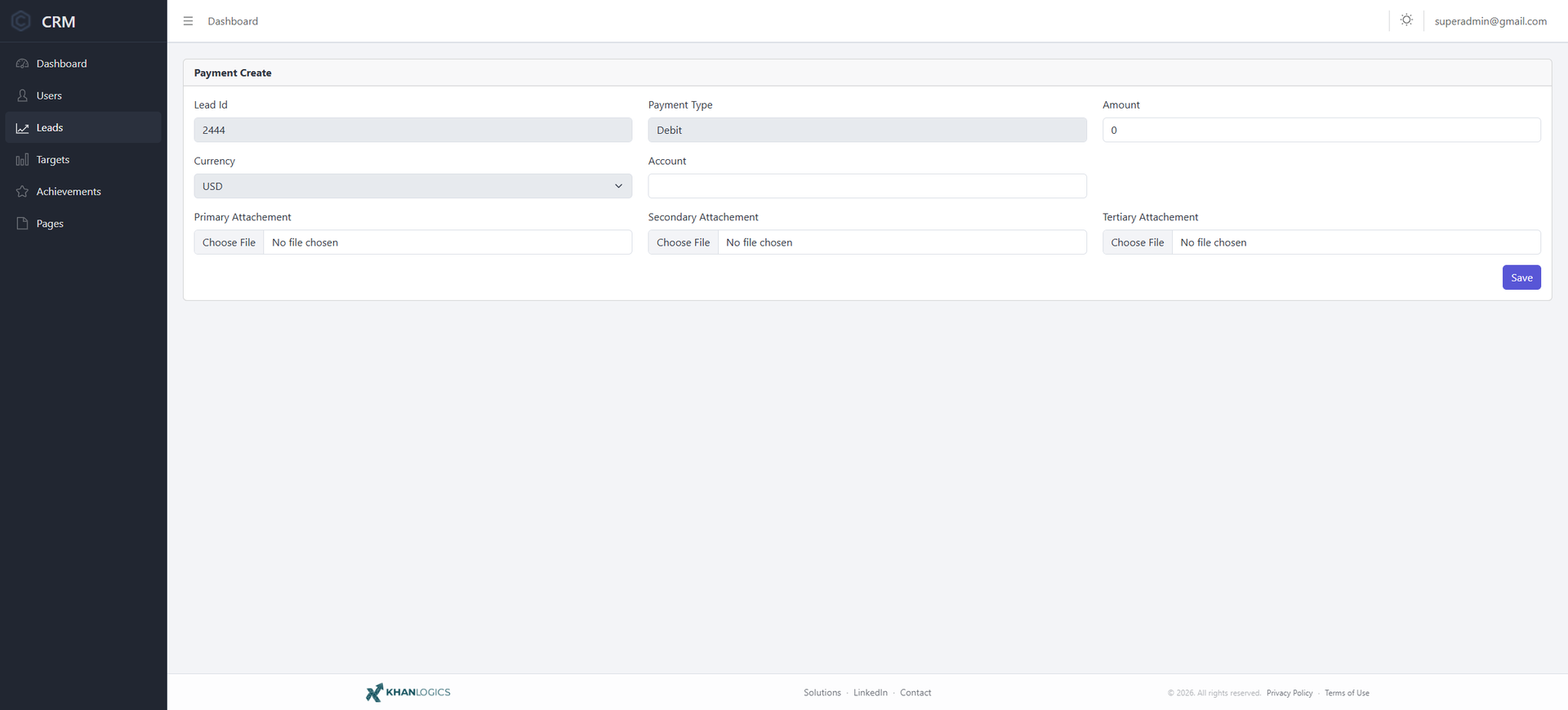 Payment create form — lead id, payment type, amount, currency selector, account, and three attachment upload fields