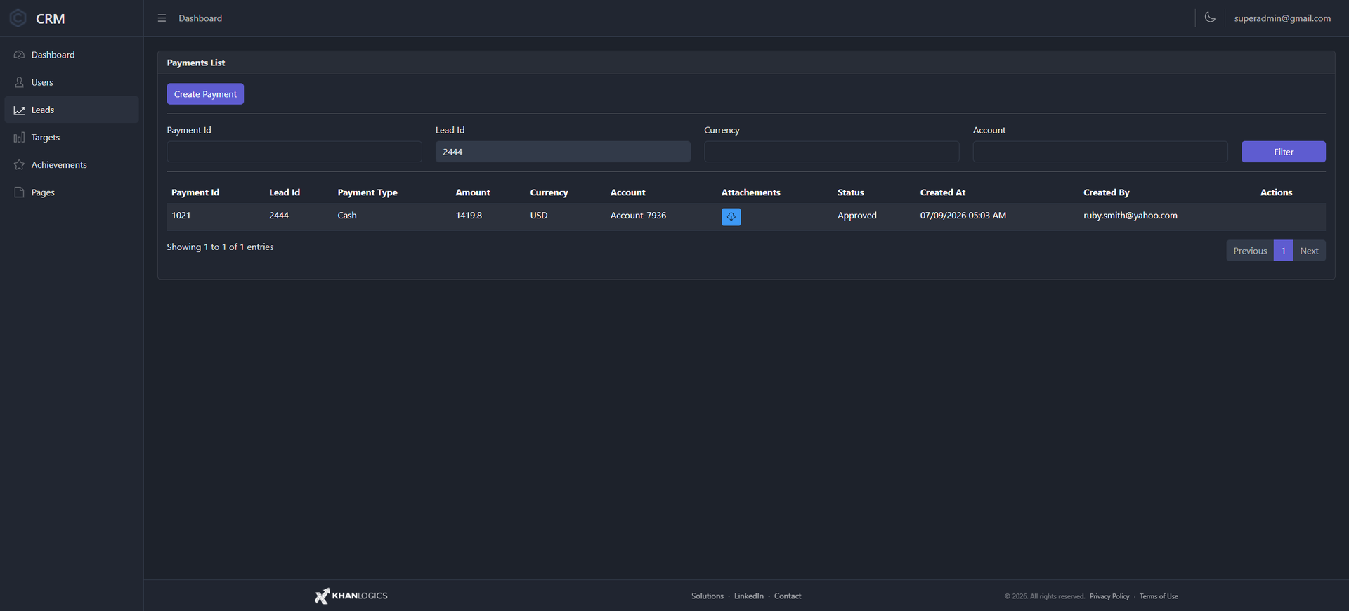 Payments list for a lead — payment id, lead id, payment type, amount, currency, account, attachments, status, created date and created by