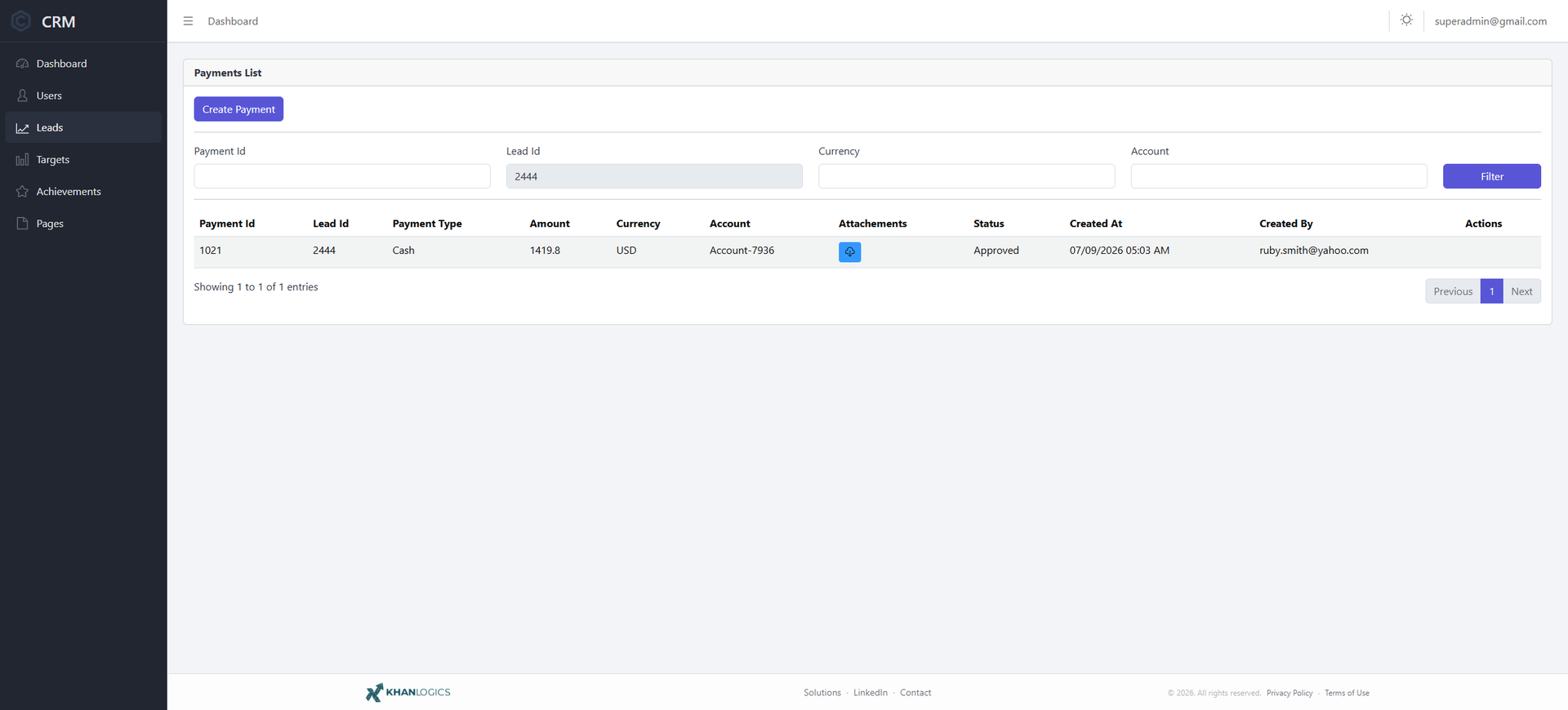 Payments list for a lead — payment id, lead id, payment type, amount, currency, account, attachments, status, created date and created by