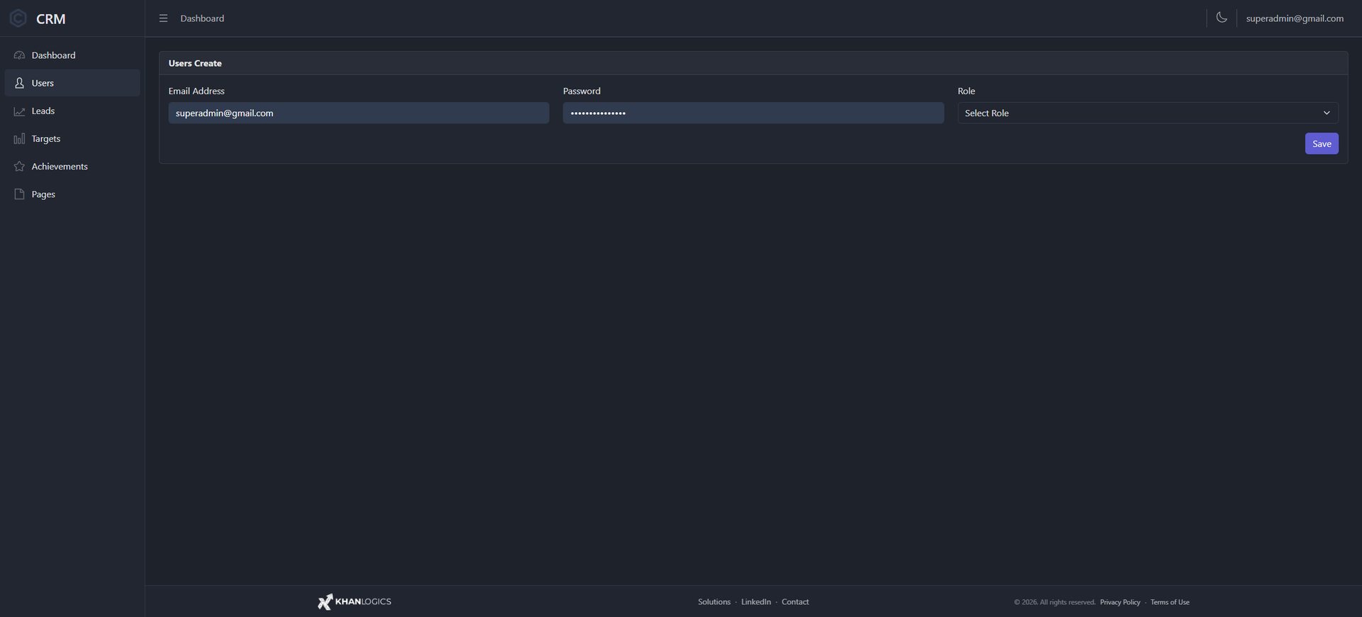 User create form — email address, password and a role selector offering Admin and User