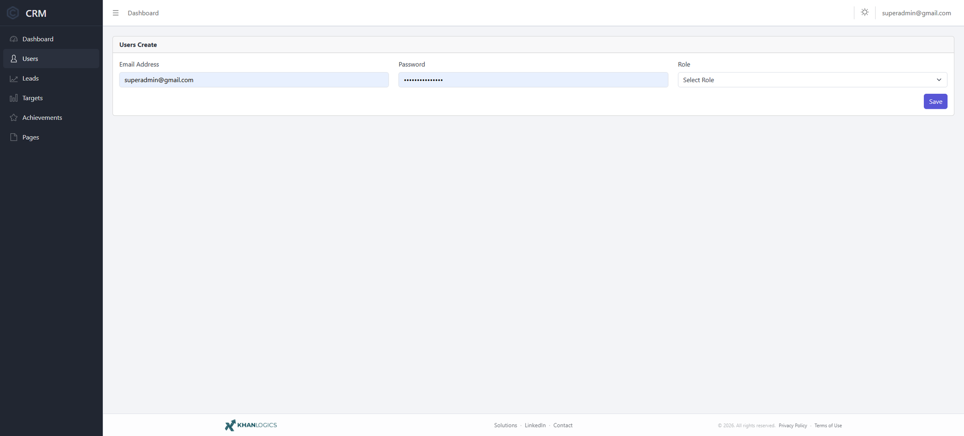 User create form — email address, password and a role selector offering Admin and User