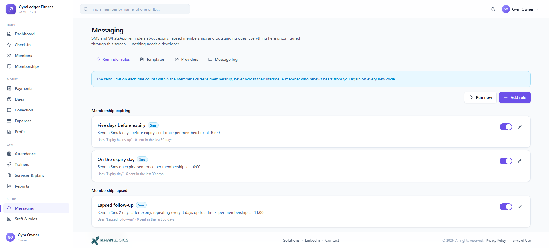 Messaging reminder rules — rules for memberships expiring, expiry day, lapsed follow-up and outstanding dues, each with its channel, offset, repeat interval, cap and template