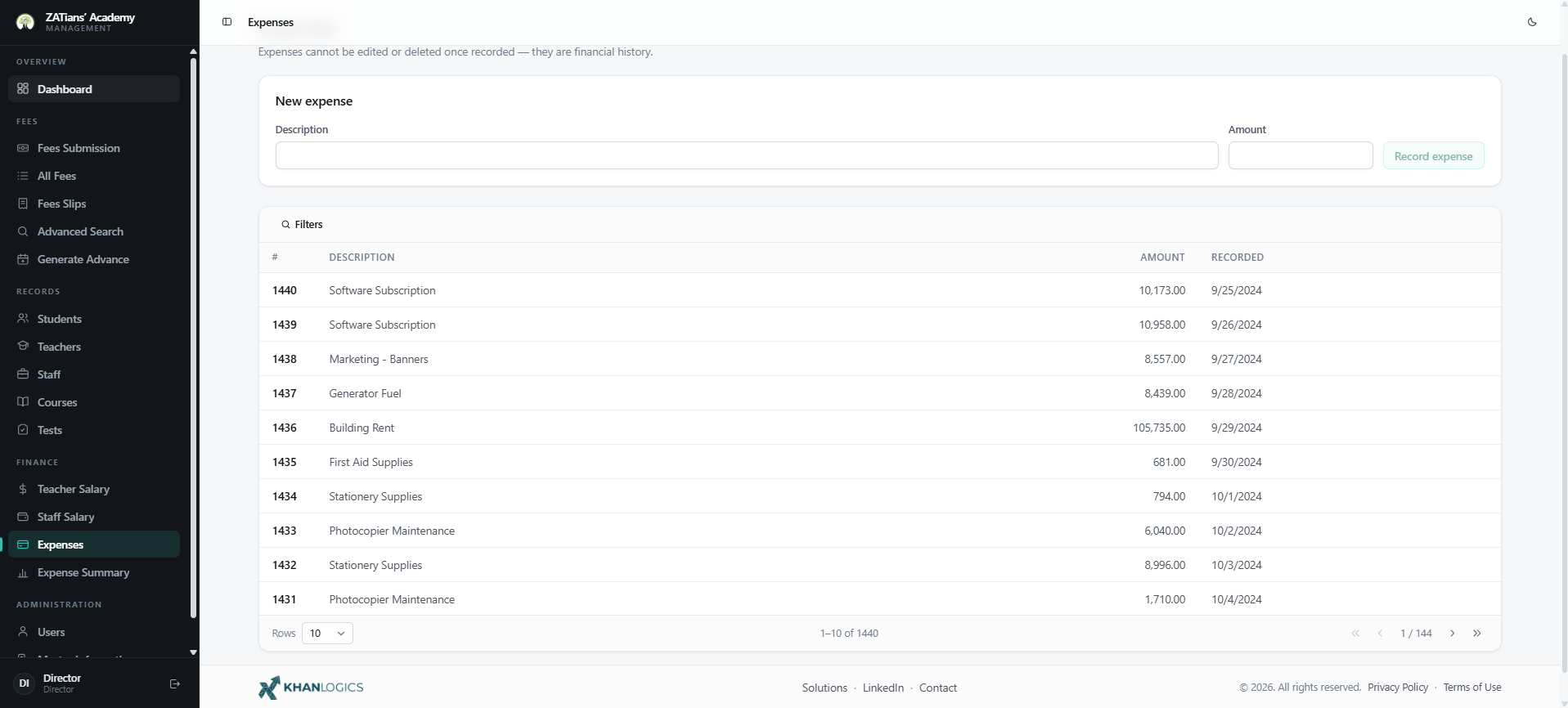 Expense list — every recorded expense in a filterable table with date, category, payee, description and amount