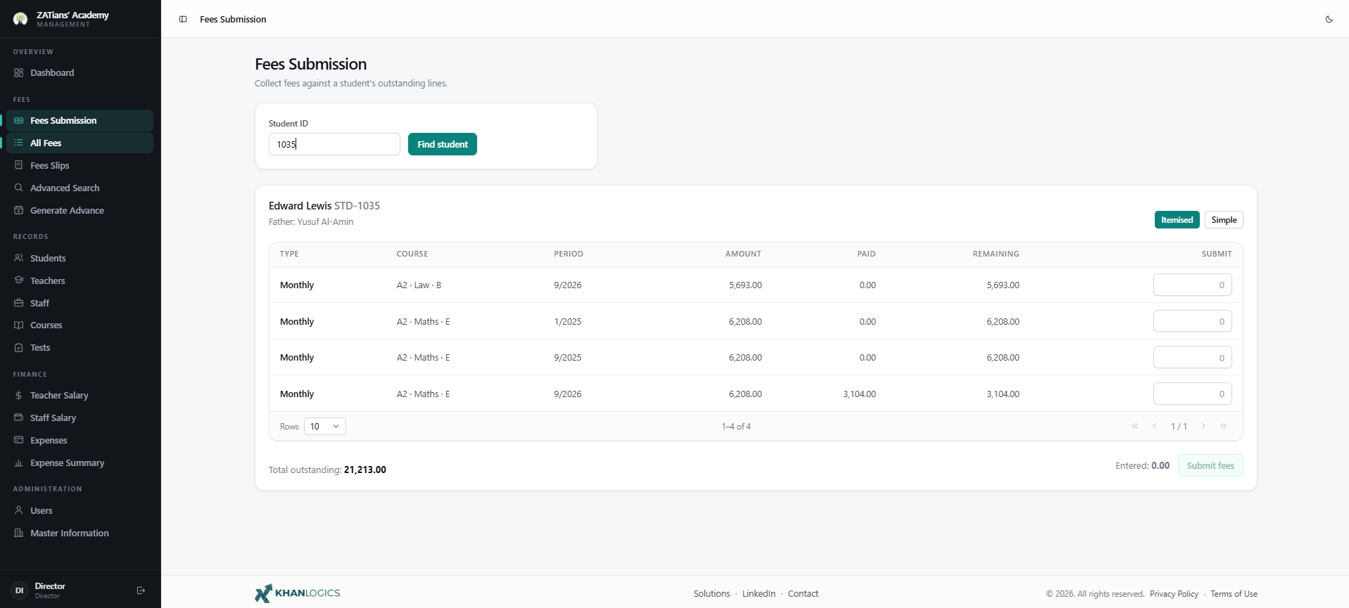 Fees submission screen — student lookup, outstanding challans, amount received, payment method and change, with a printable receipt on save