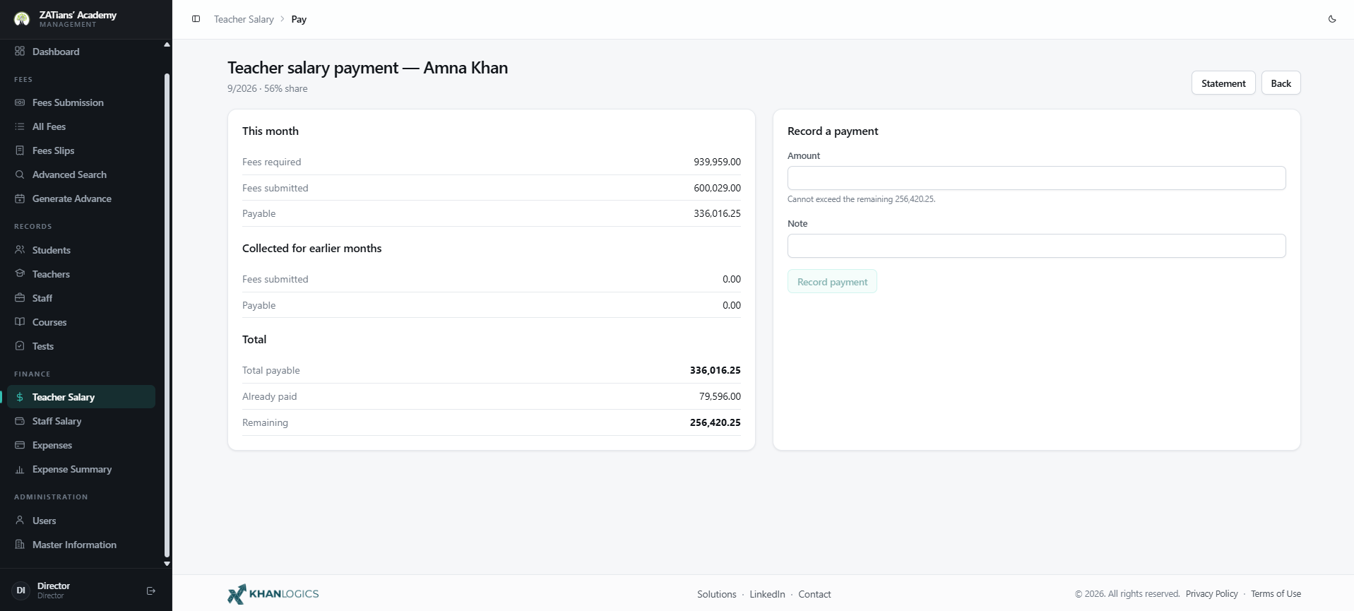 Teacher salary payment screen — this month's payable, amounts collected for earlier months, total payable, already paid and remaining, next to a record-payment form capped at the remaining balance